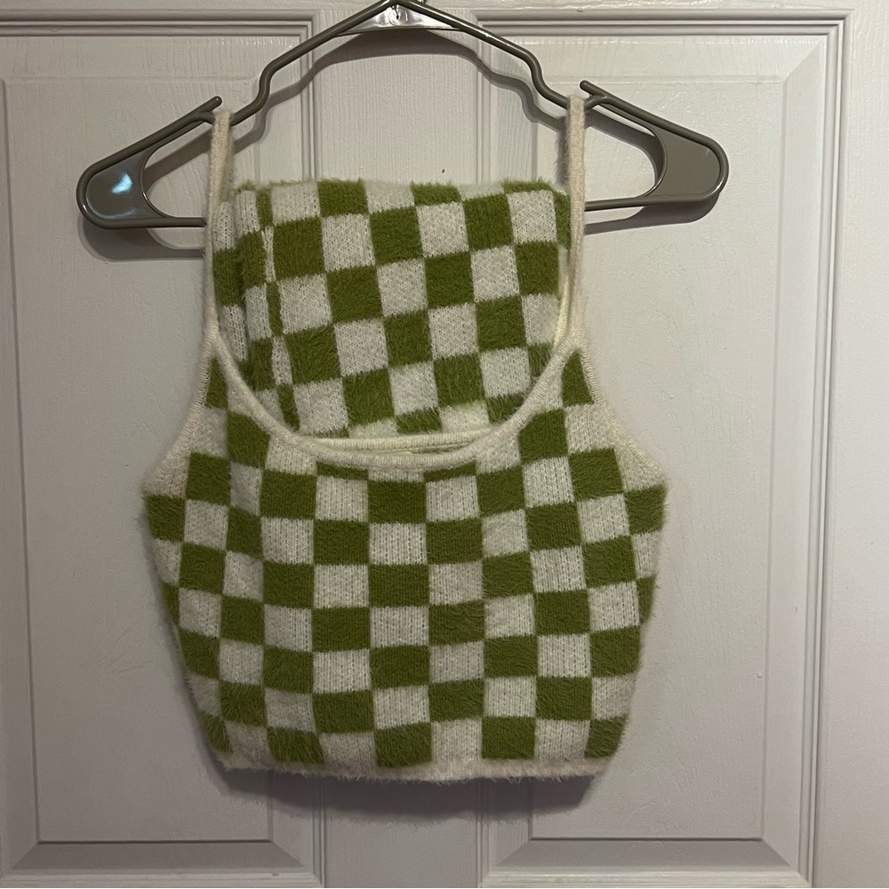 Mohair Green and White Checkered Skirt Set